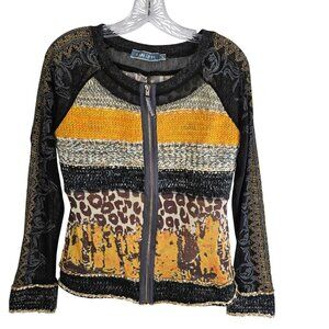 Lulu-H Patchwork Knit Cardigan Zip Front Animal Print Sz. Large Mob Wife